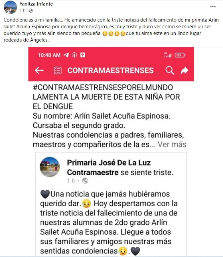 Post de Yanitza Infante, prima de la fallecida