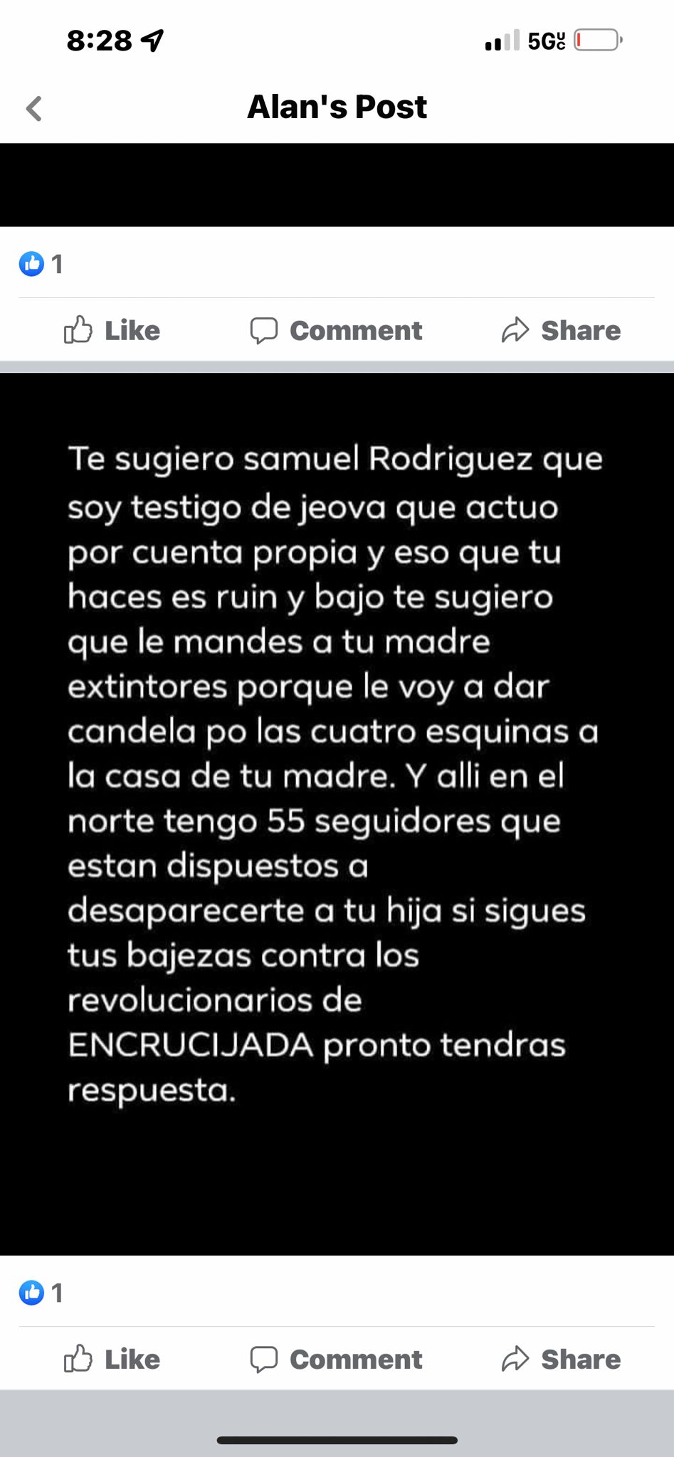 Muestra de amenazas recibidas por Rodríguez