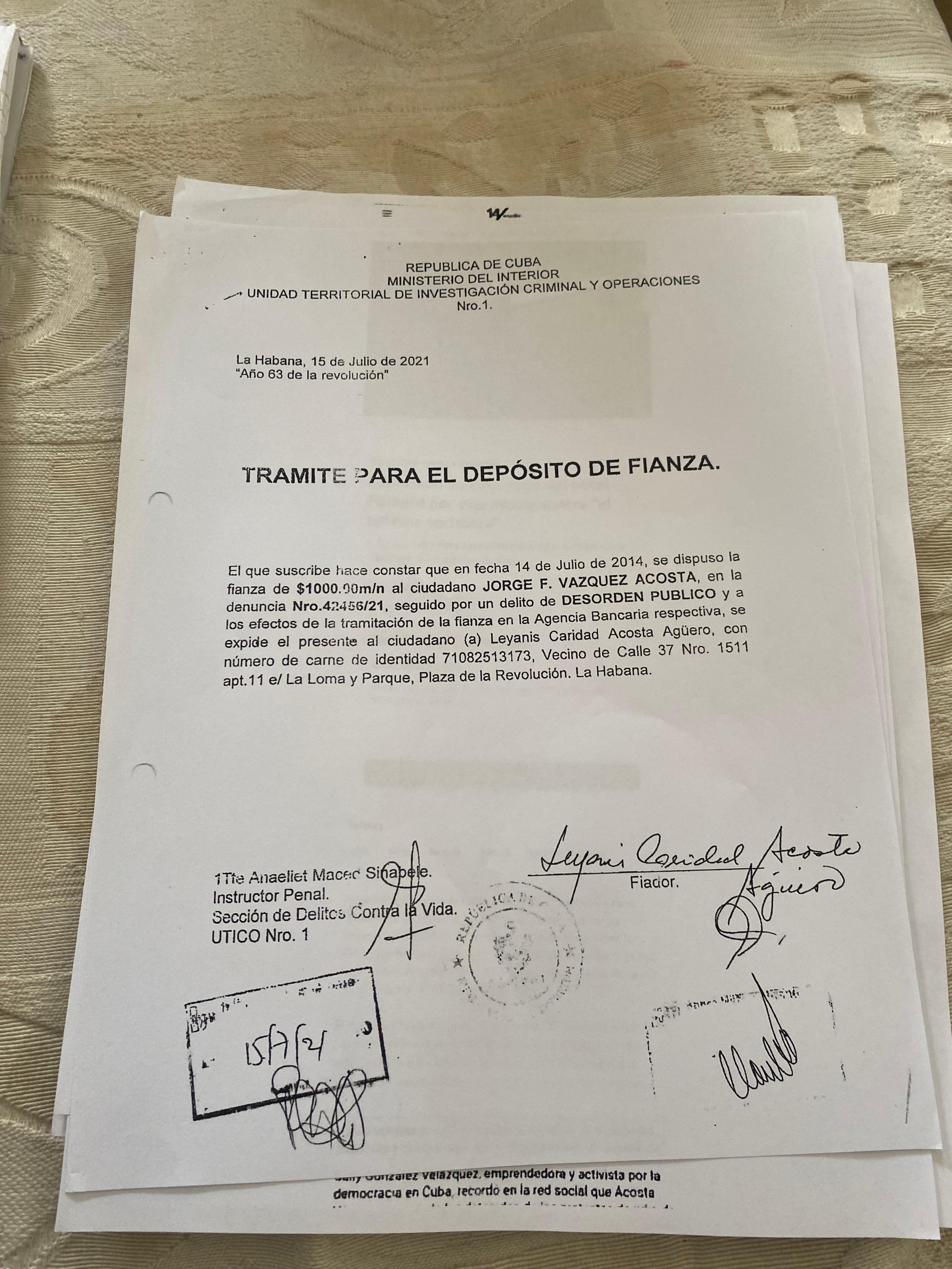 Fianza que pagó Vázquez para salir en libertad tras el 11J. Cortesía