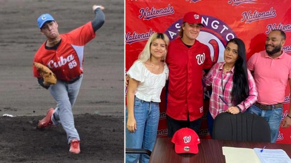 pitcher cubano Dannel Díaz firma un contrato con el equipo Washington Nationals. Fotomontaje: ADN Cuba